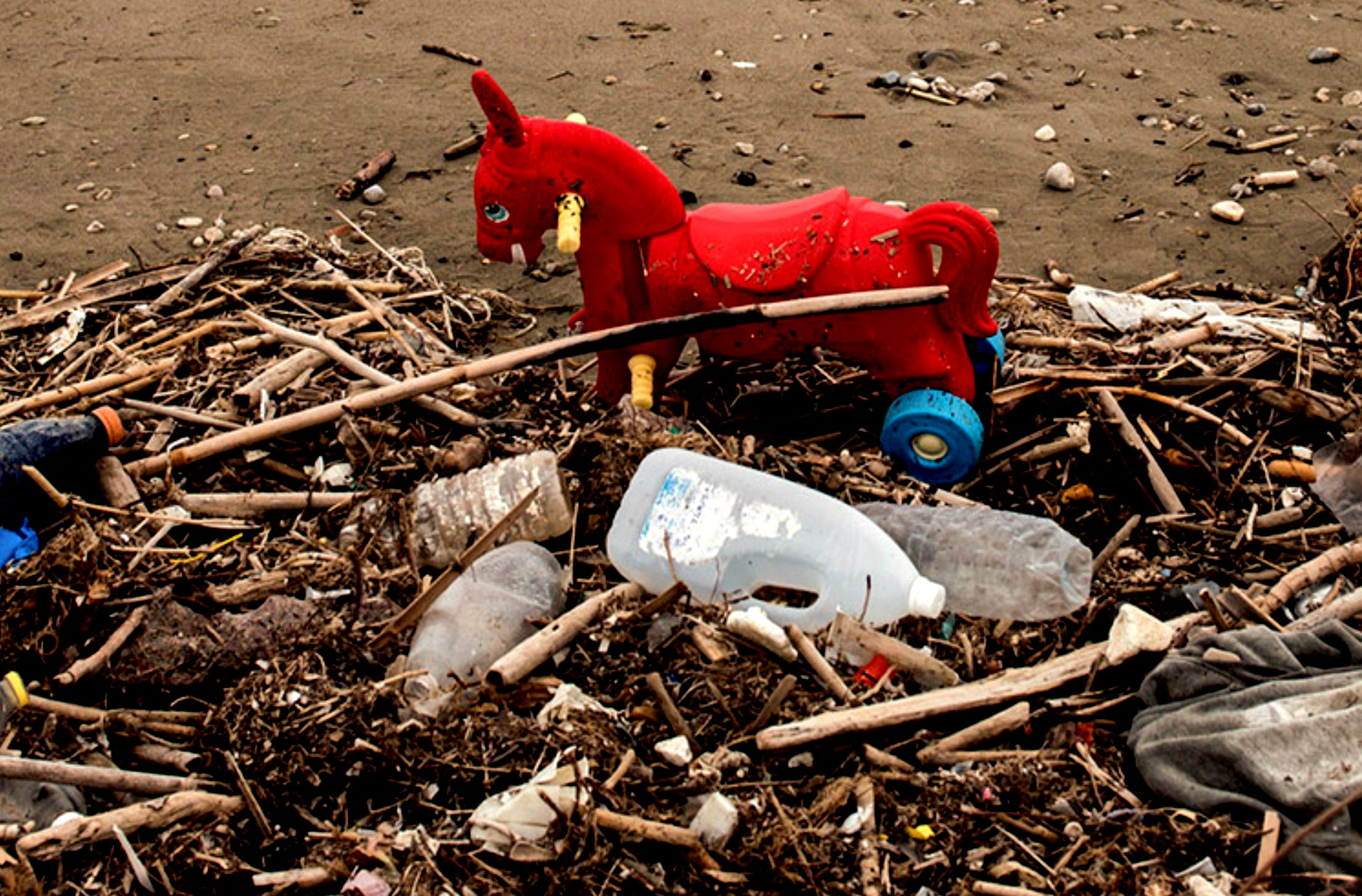 Foto di una spiaggia con rifiuti plastici