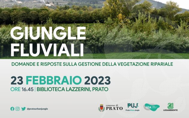 locandina evento con immagine di un argine fluviale verde