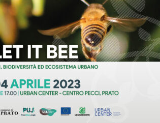 Un'ape che vola verso i fiori, con sopra le informazioni dell'evento